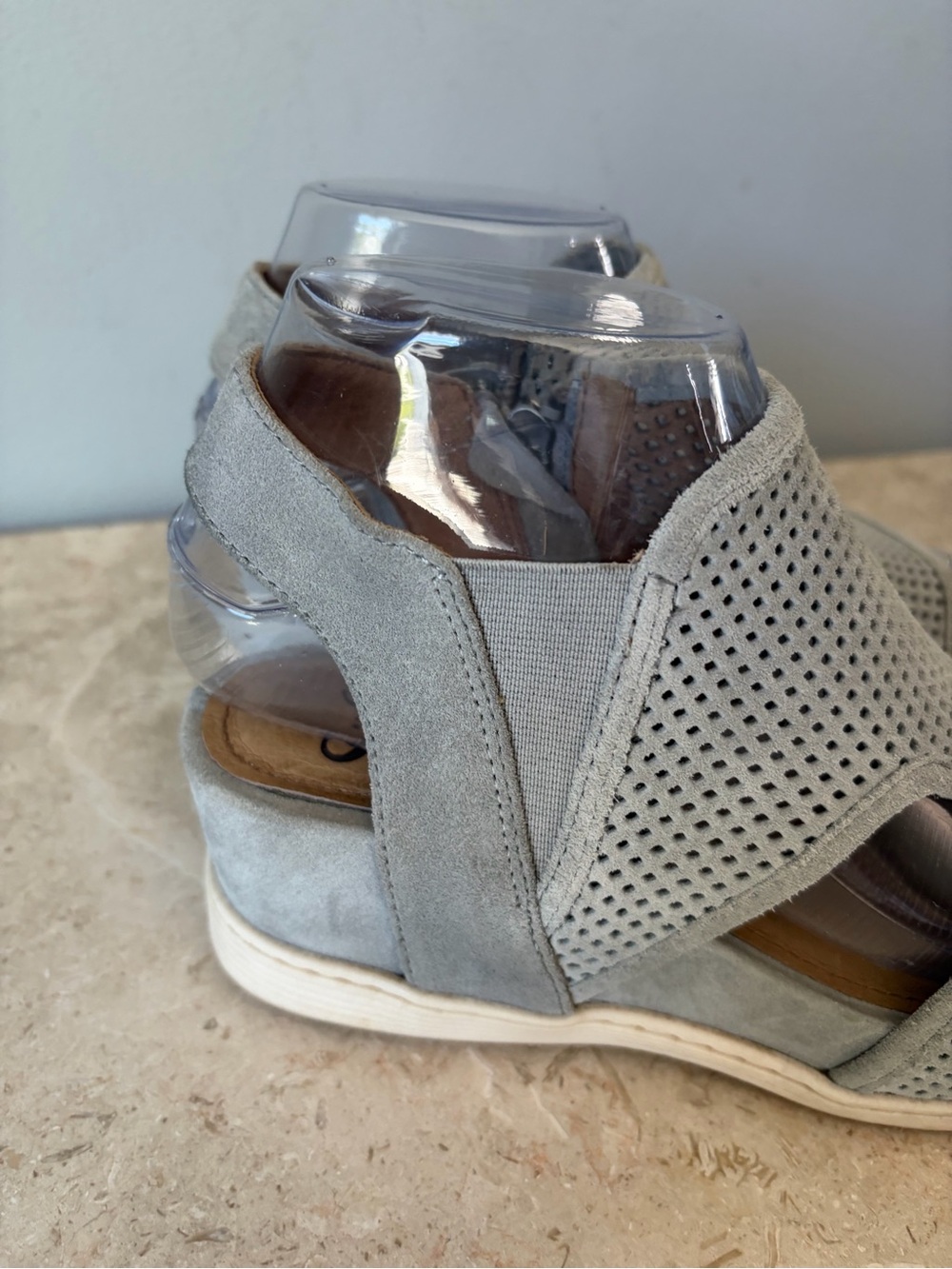 Sofft Sandals Womens 6 Grey Suede Leather Shandi Perforated Cutout Ankle Wedge - Picture 2 of 15